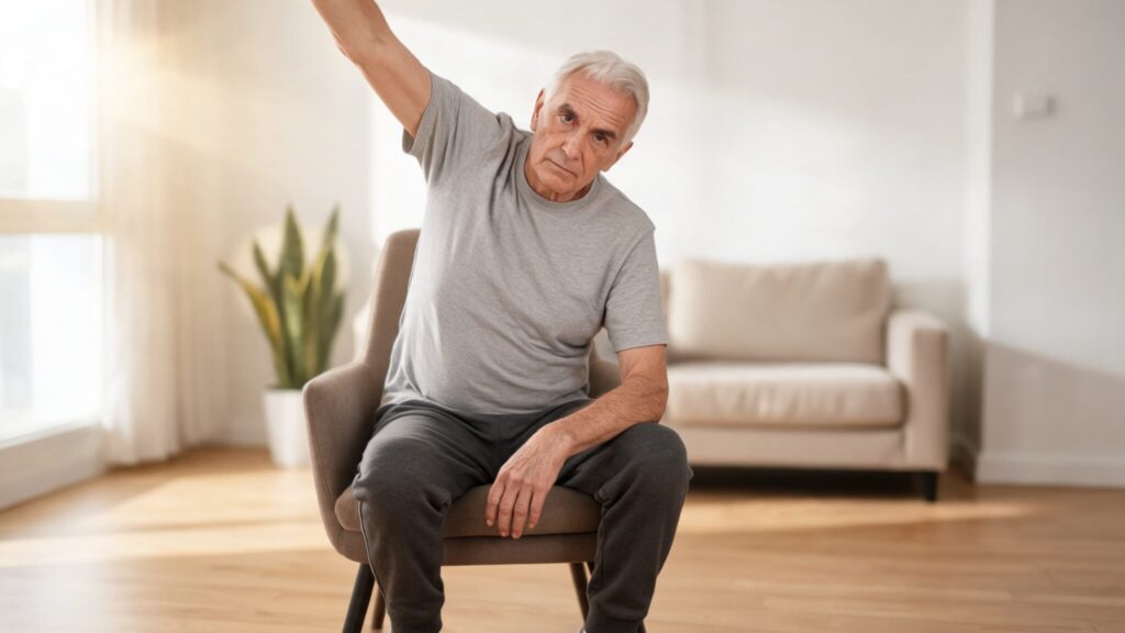 senior doing seated core exercise at home with proper posture and calm focused expression