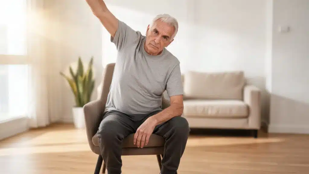 senior doing seated core exercise at home with proper posture and calm focused expression
