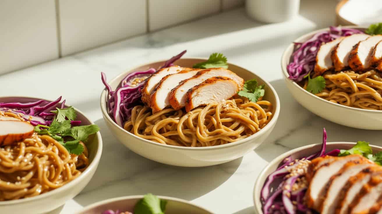 sesame noodles with shredded cabbage, chicken, and sesame seeds
