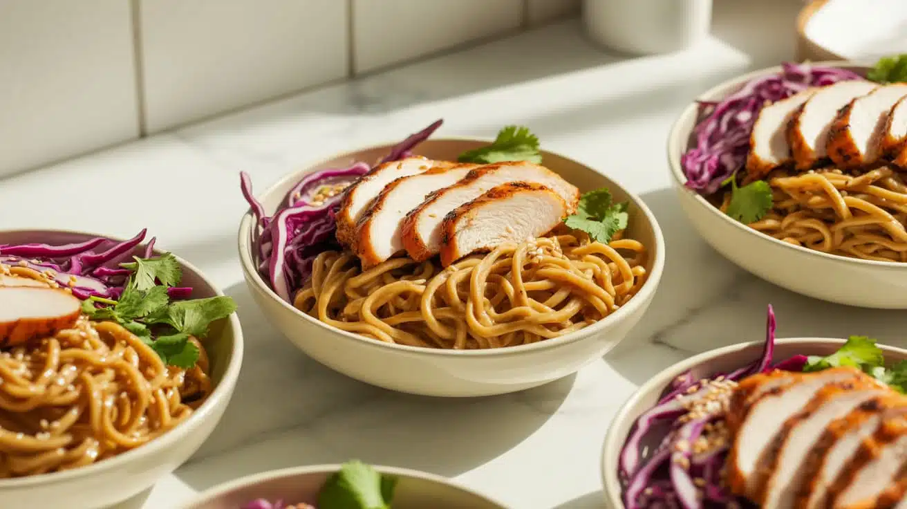 sesame noodles with shredded cabbage, chicken, and sesame seeds