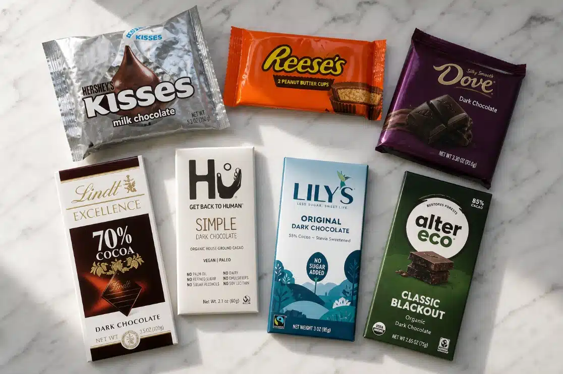 seven gluten free chocolate products including hersheys kisses reese’s dove lindt hu lily’s and alter eco on a surface