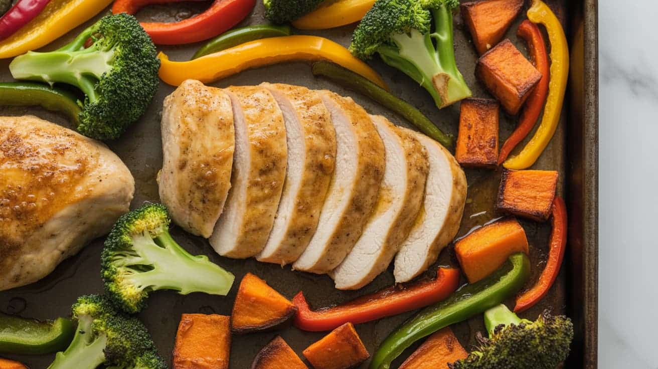 sheet pan with roasted chicken, broccoli, and sweet potatoes