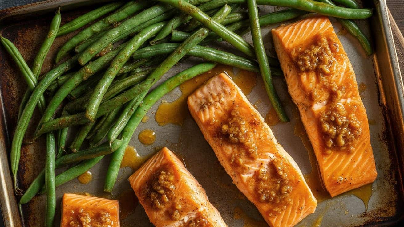 sheet pan with salmon fillets, green beans, and honey mustard glaze