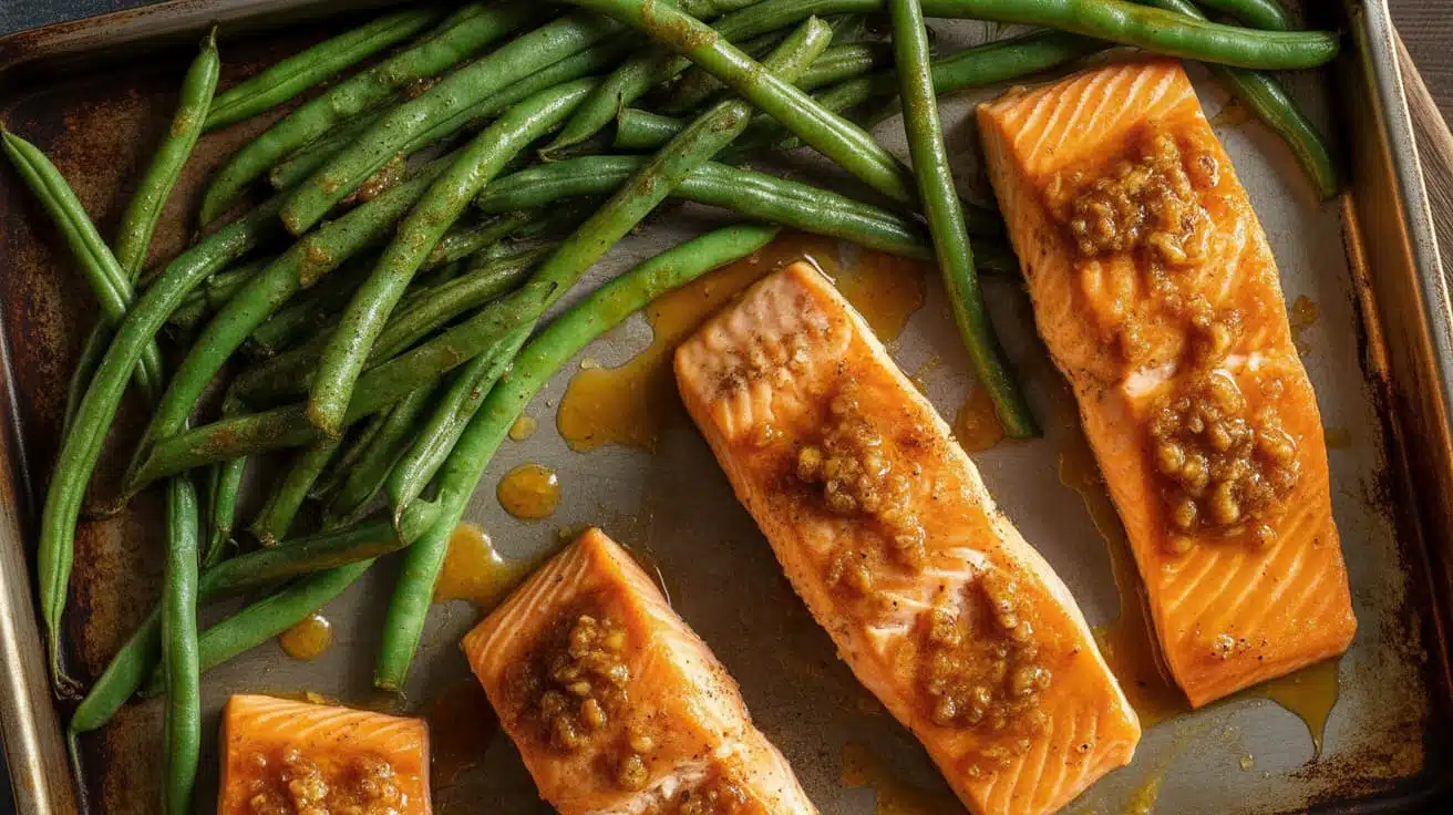 sheet pan with salmon fillets, green beans, and honey mustard glaze