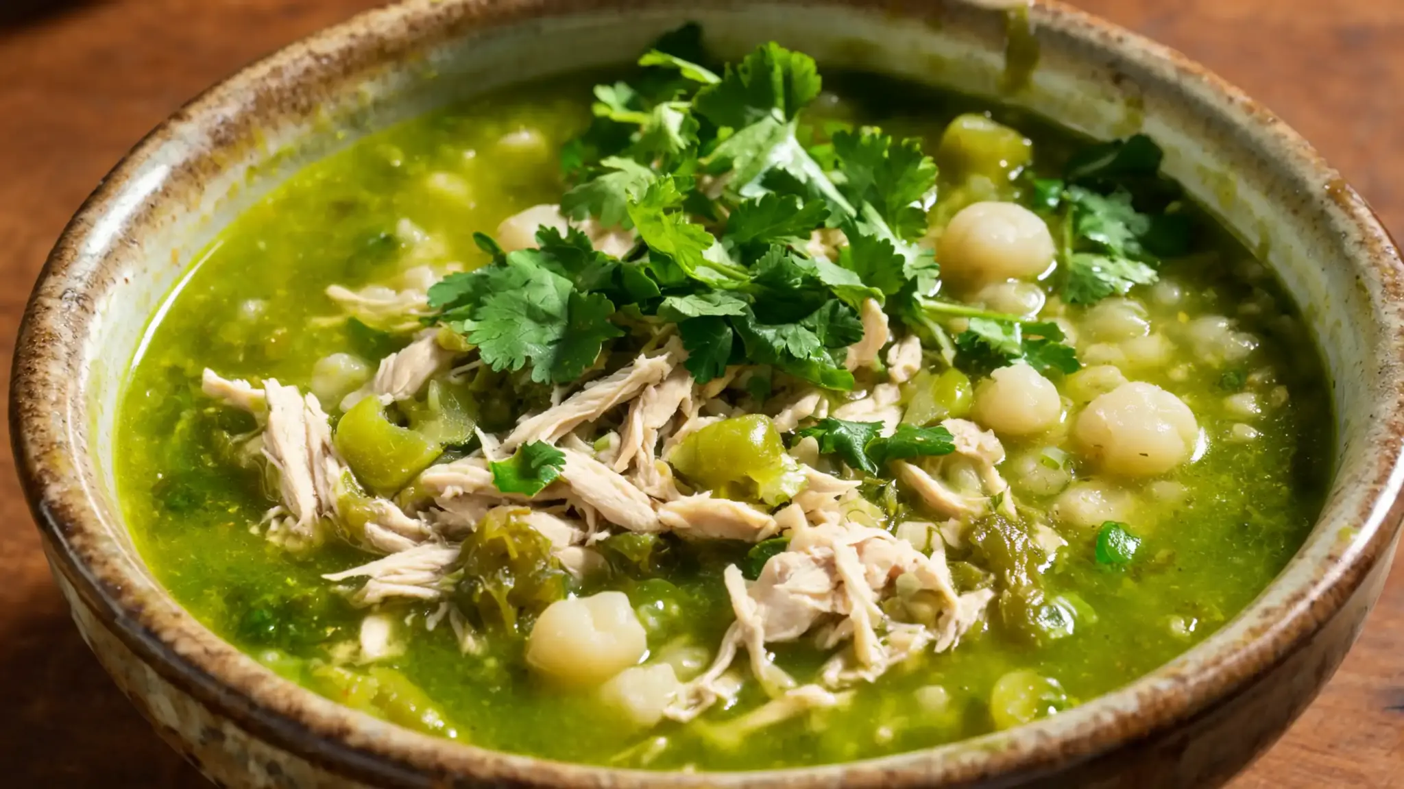 shredded chicken and hominy in a green tomatillo broth, garnished with cilantro