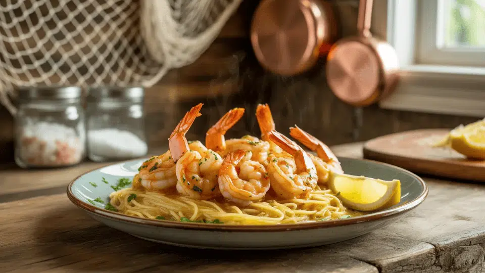 shrimp served over pasta with lemon and herbs in rustic kitchen setting with copper pans and fresh ingredients in background