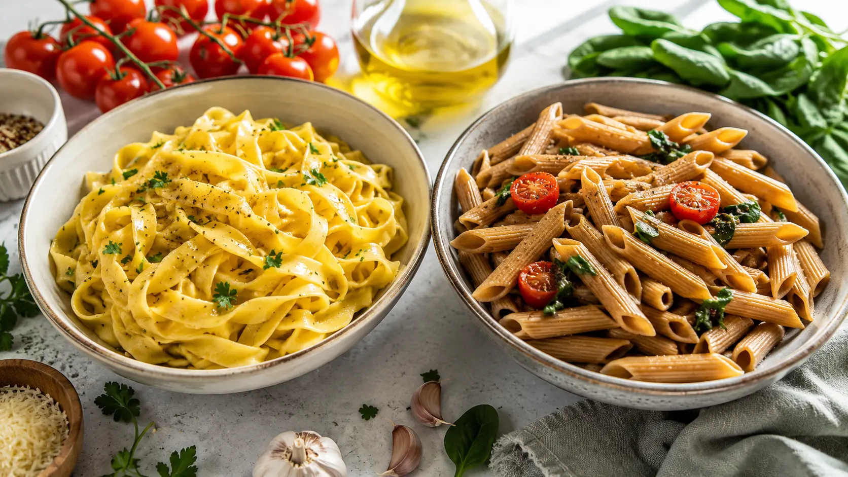 side by side bowls of egg noodles and whole wheat pasta with fresh vegetables