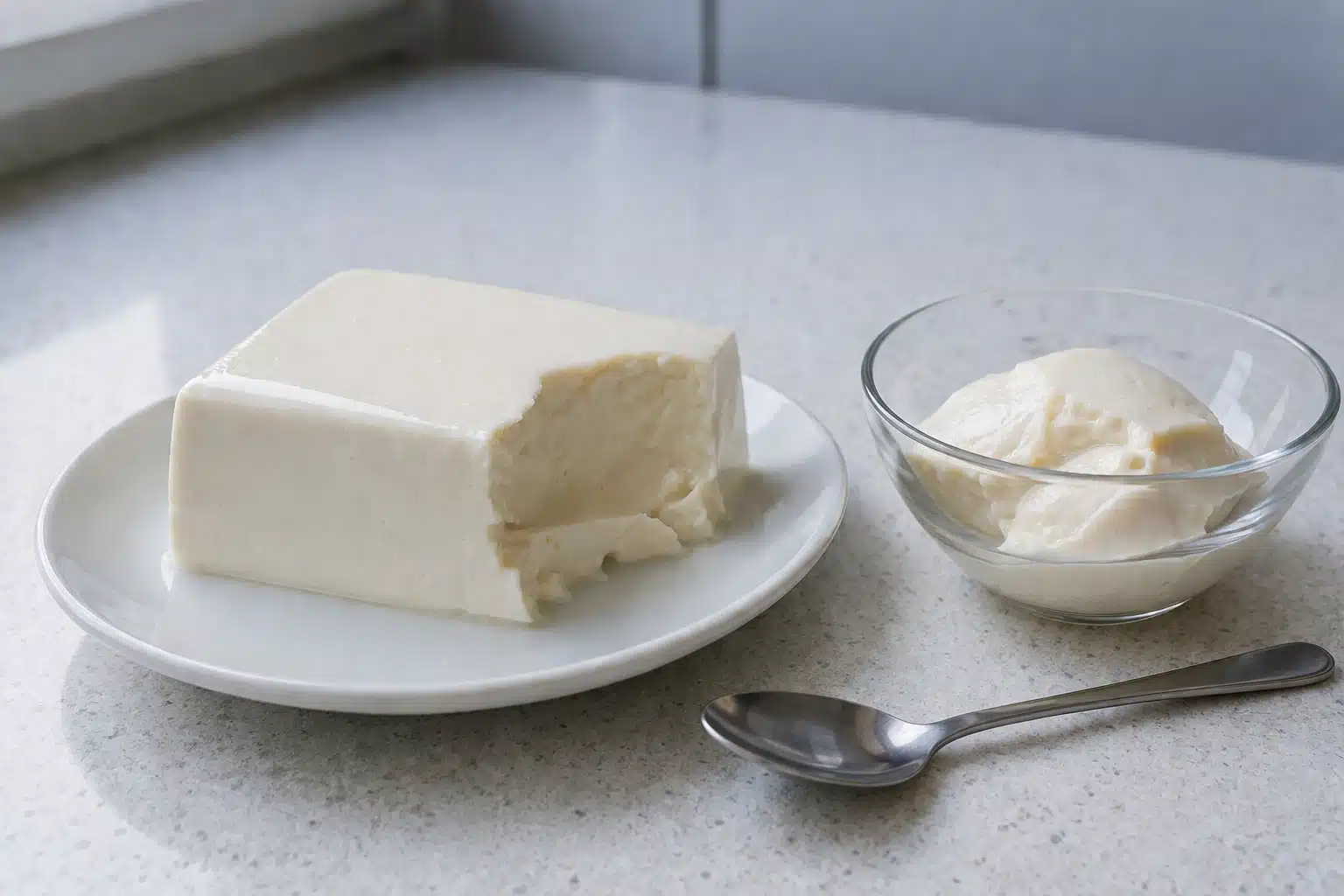 silken tofu block on white plate with scoop removed, glass bowl holding portion, metal spoon nearby on kitchen counter