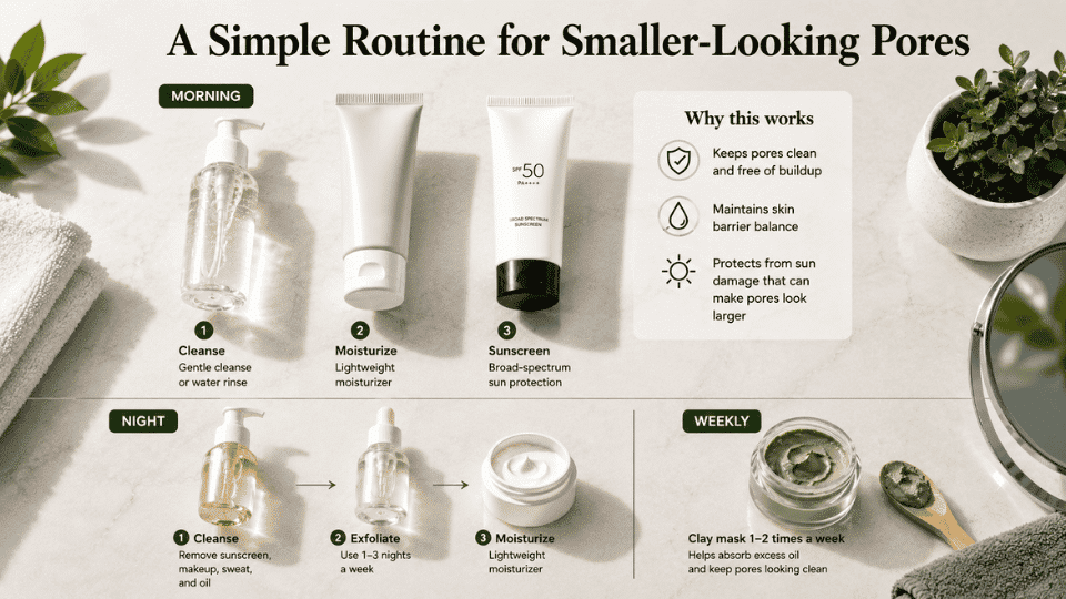 simple skincare routine with cleanser moisturizer sunscreen exfoliant and clay mask