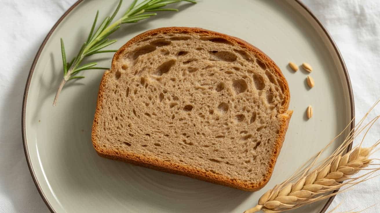 slice of whole wheat bread with dense crumb, garnished with rosemary and wheat kernels