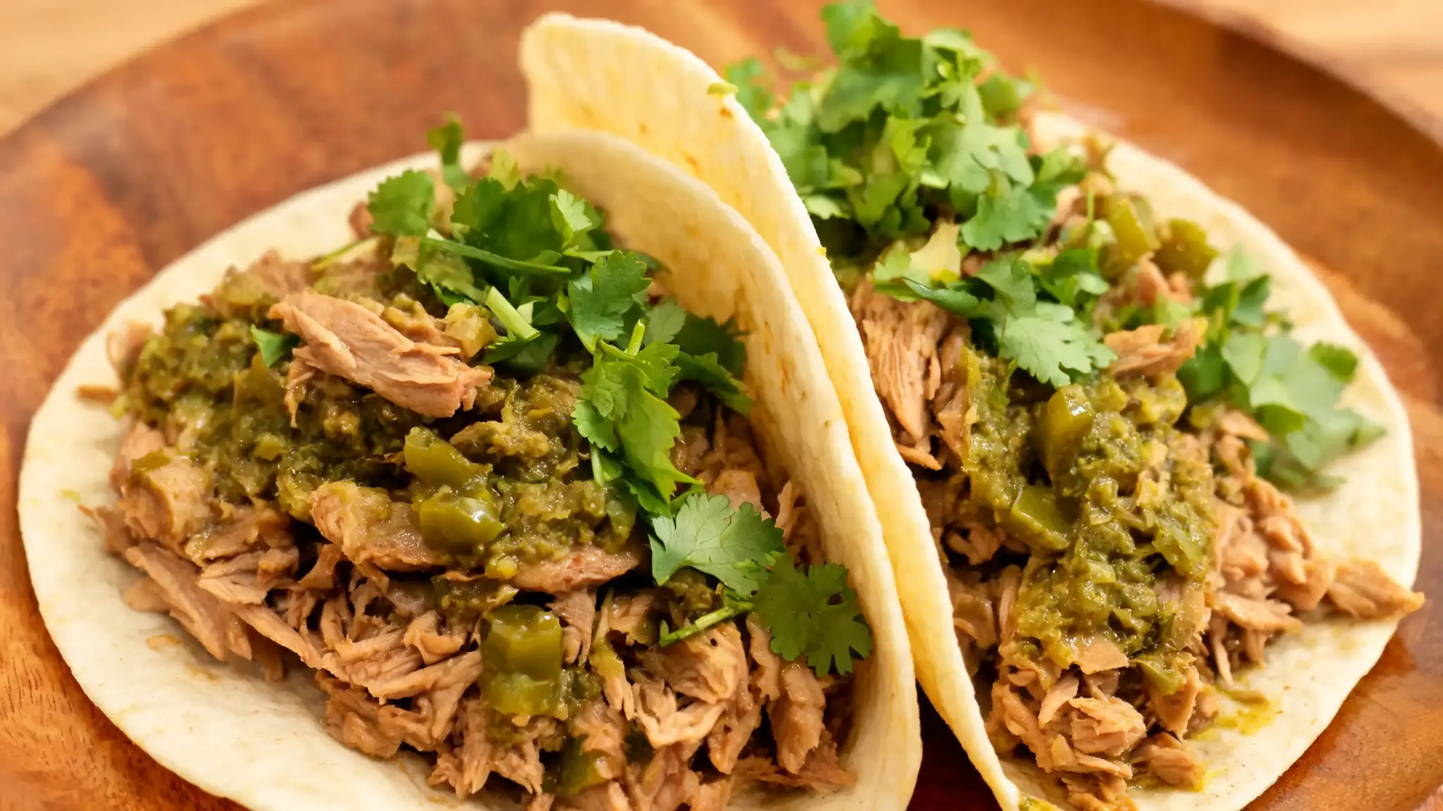 slow-cooked shredded pork in green chile sauce, served in soft tortillas with fresh cilantro