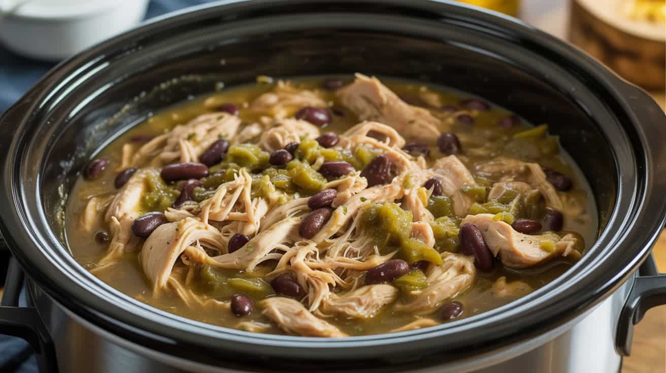 slow cooker chicken with beans and salsa verde in a bowl