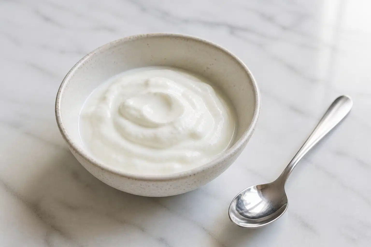 small ceramic bowl filled with plain yogurt on marble counter, creamy texture, metal spoon beside it, natural daylight