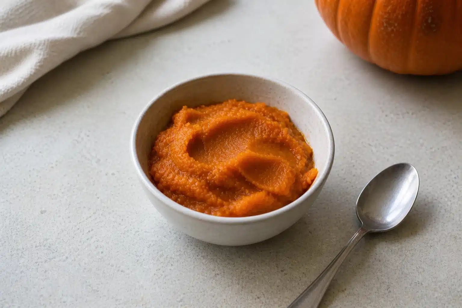 small ceramic bowl of pumpkin puree o stone counter with spoon nearby, natural daylight, clean kitchen background