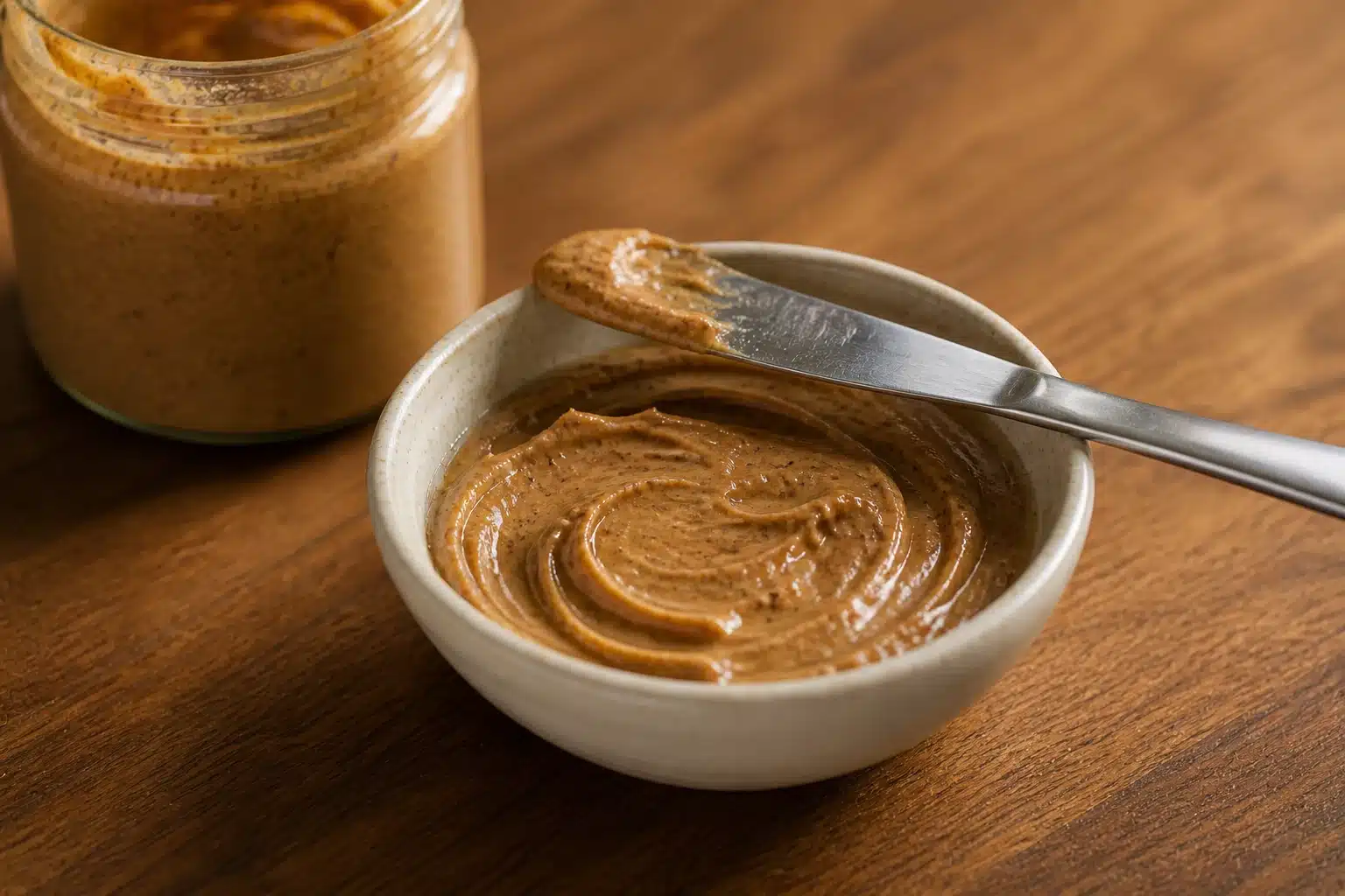 small ceramic bowl of smooth almond butter with butter knife on rim, open jar behind, set on warm wooden kitchen surface