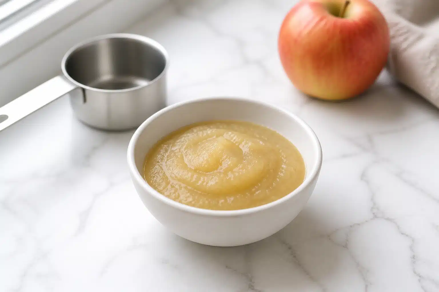 small white bowl of smooth pale applesauce on marble counter, metal measuring cup nearby, whole apple in background