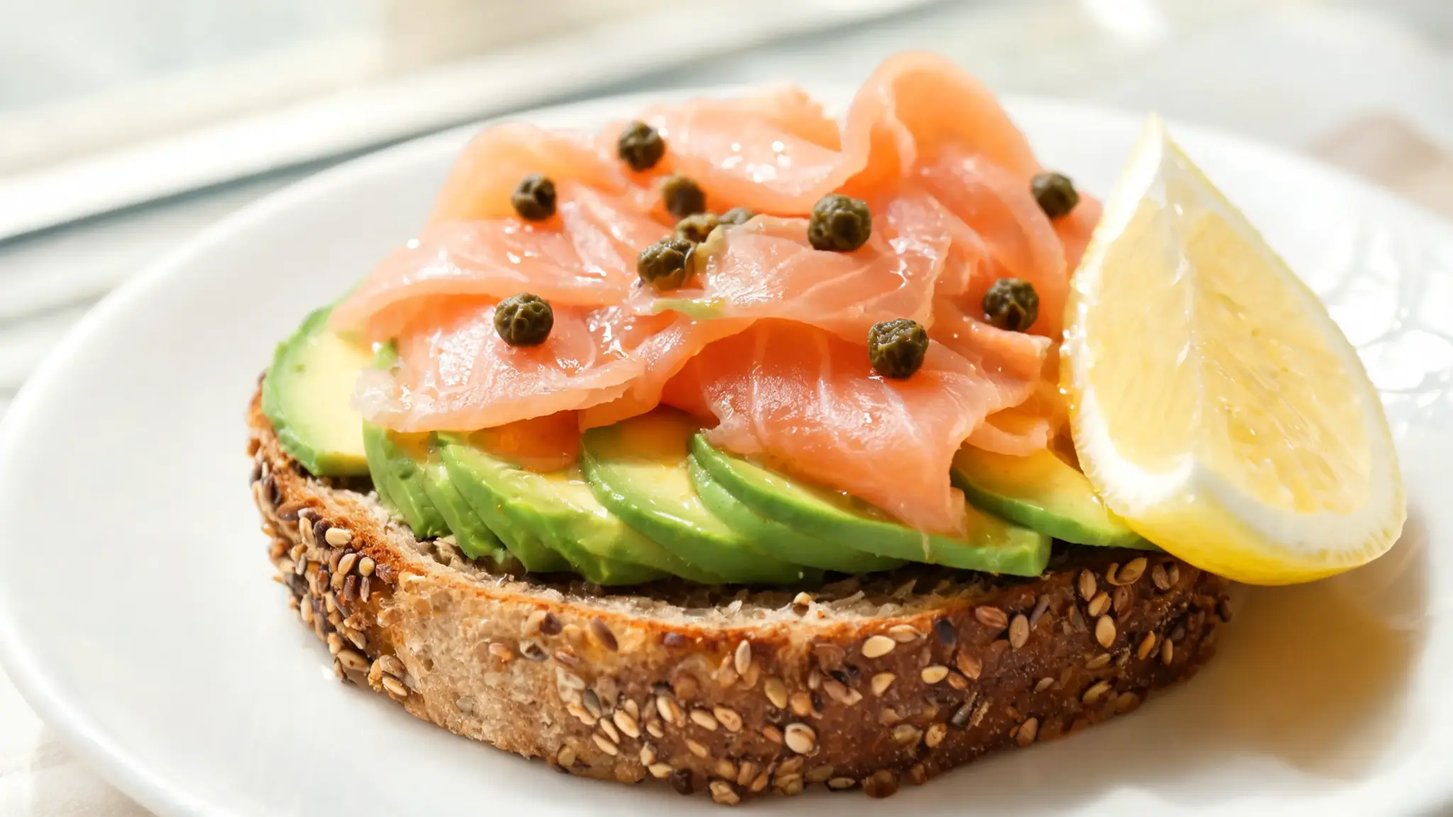 smoked salmon and avocado on whole grain toast with capers