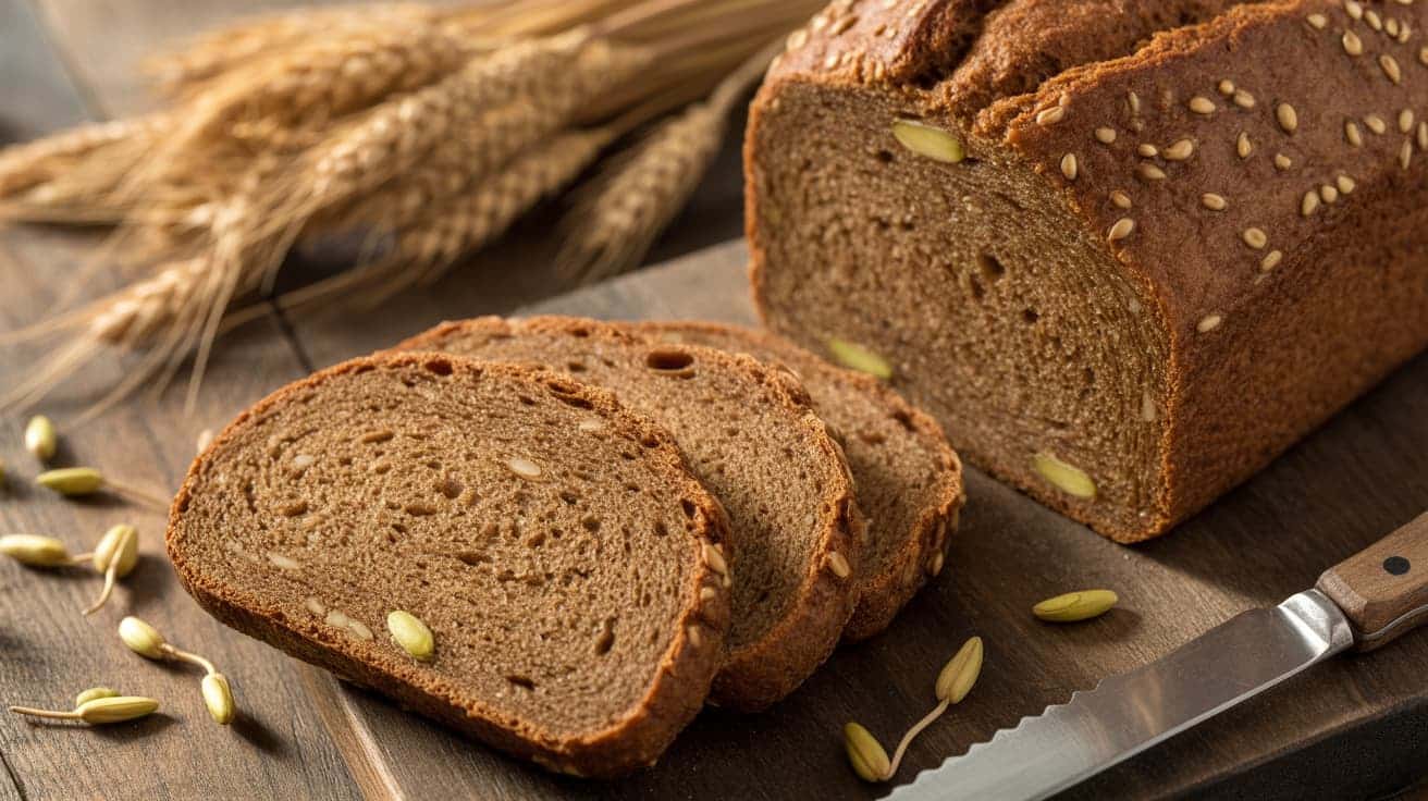 sprouted rye bread slices with visible grains on a rustic wooden surface