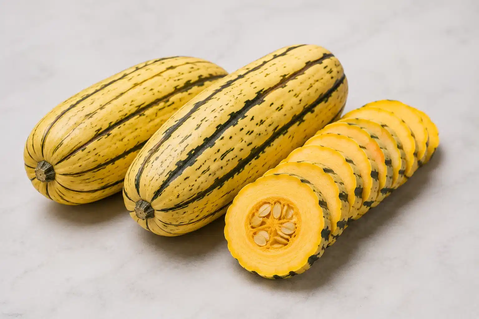 striped yellow and green squash with speckled skin, two whole and multiple round slices showing seeds