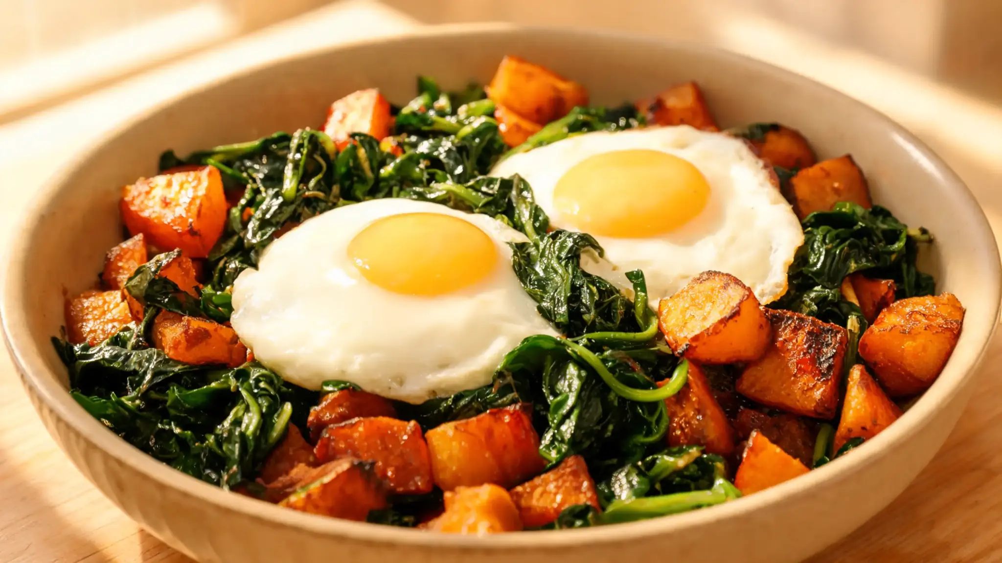 sweet potato spinach and eggs in a breakfast bowl with roasted vegetables