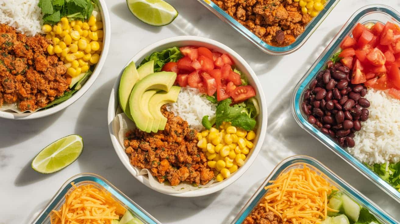 taco bowl with ground turkey, rice, beans, and salsa