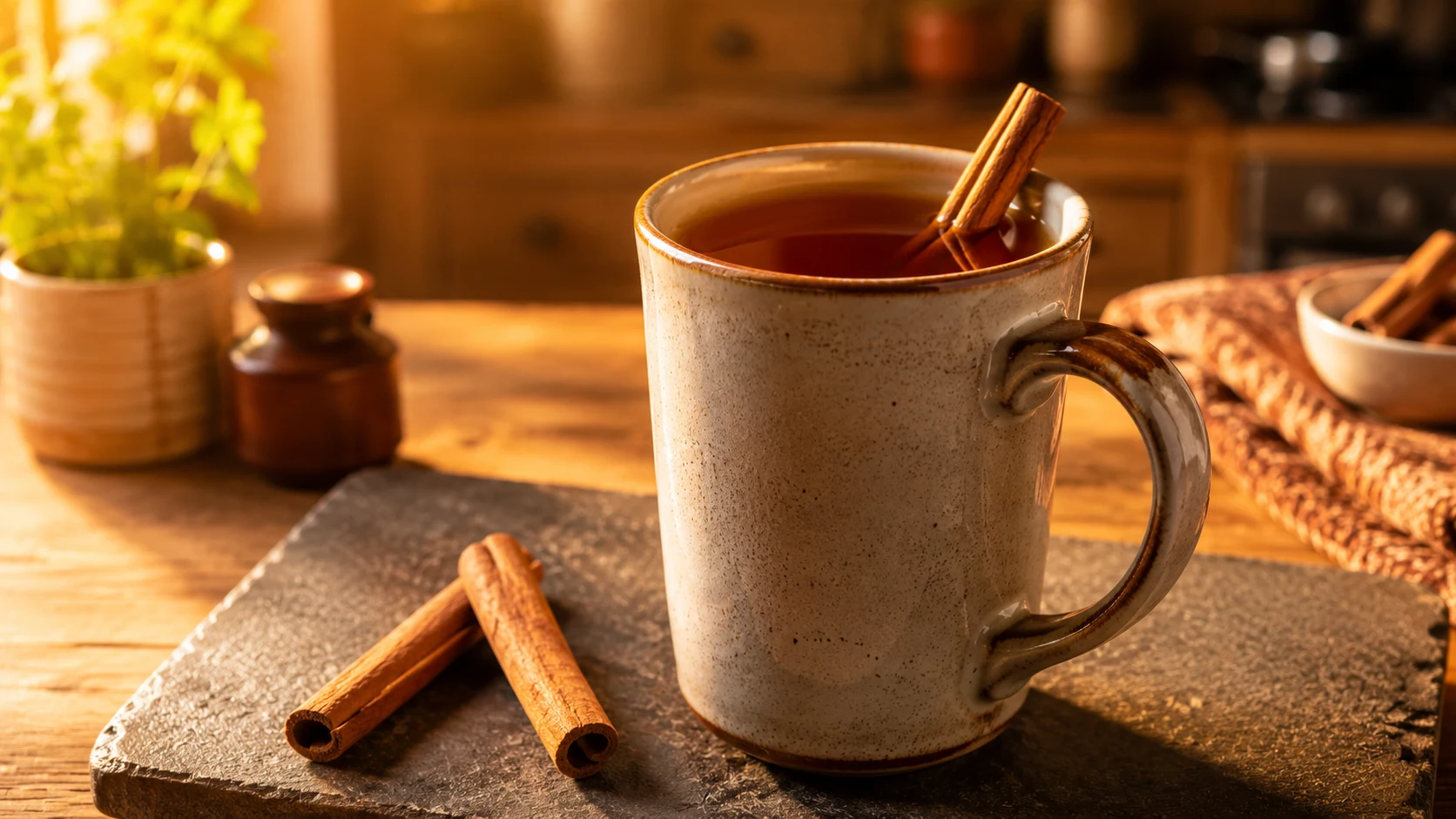 tall ceramic mug of cinnamon tea with cinnamon sticks on slate board in warm golden kitchen lighting and soft background