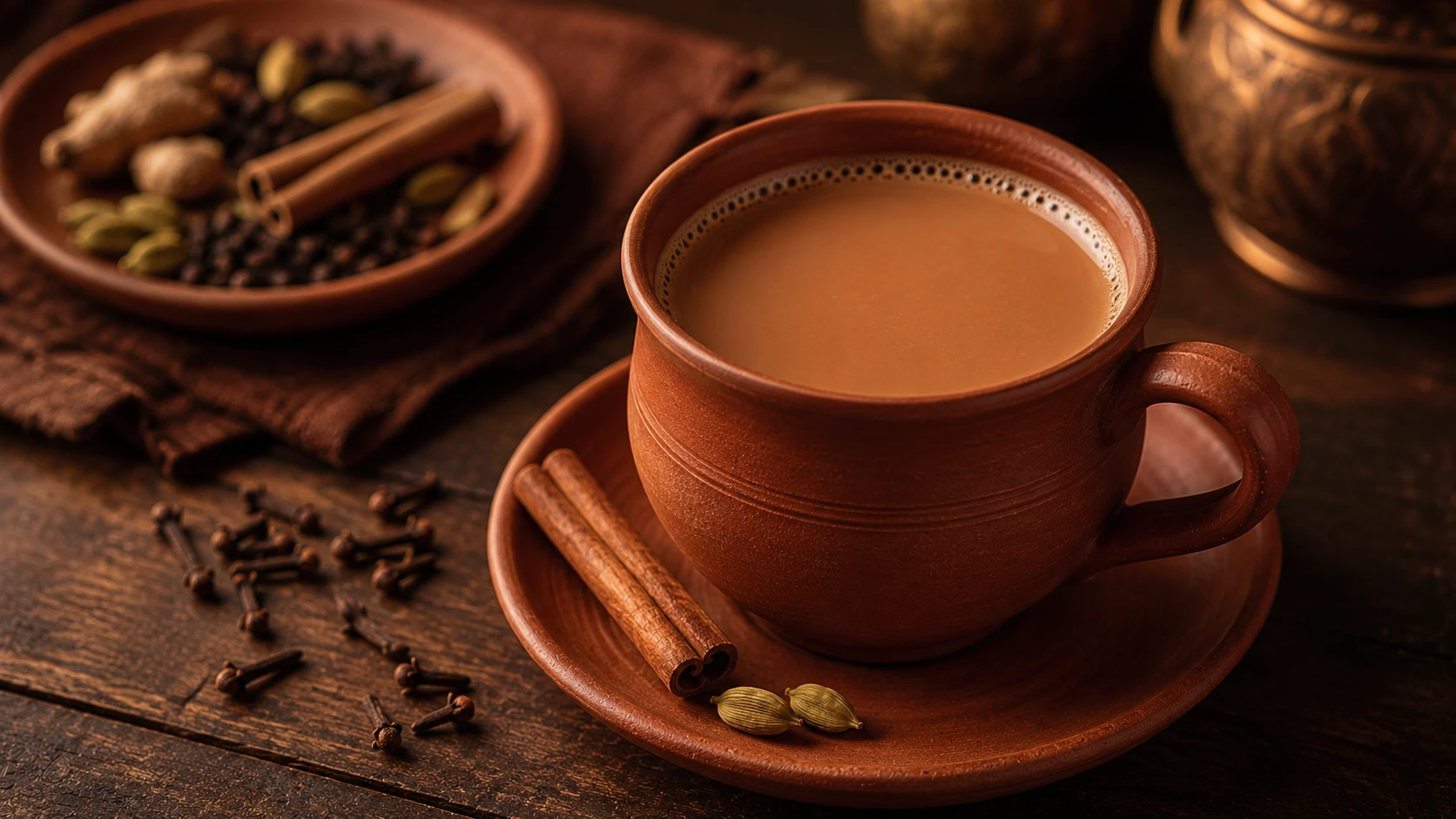 terracotta cup of spiced chai tea with cinnamon sticks, cardamom pods, and cloves on rustic wooden table background