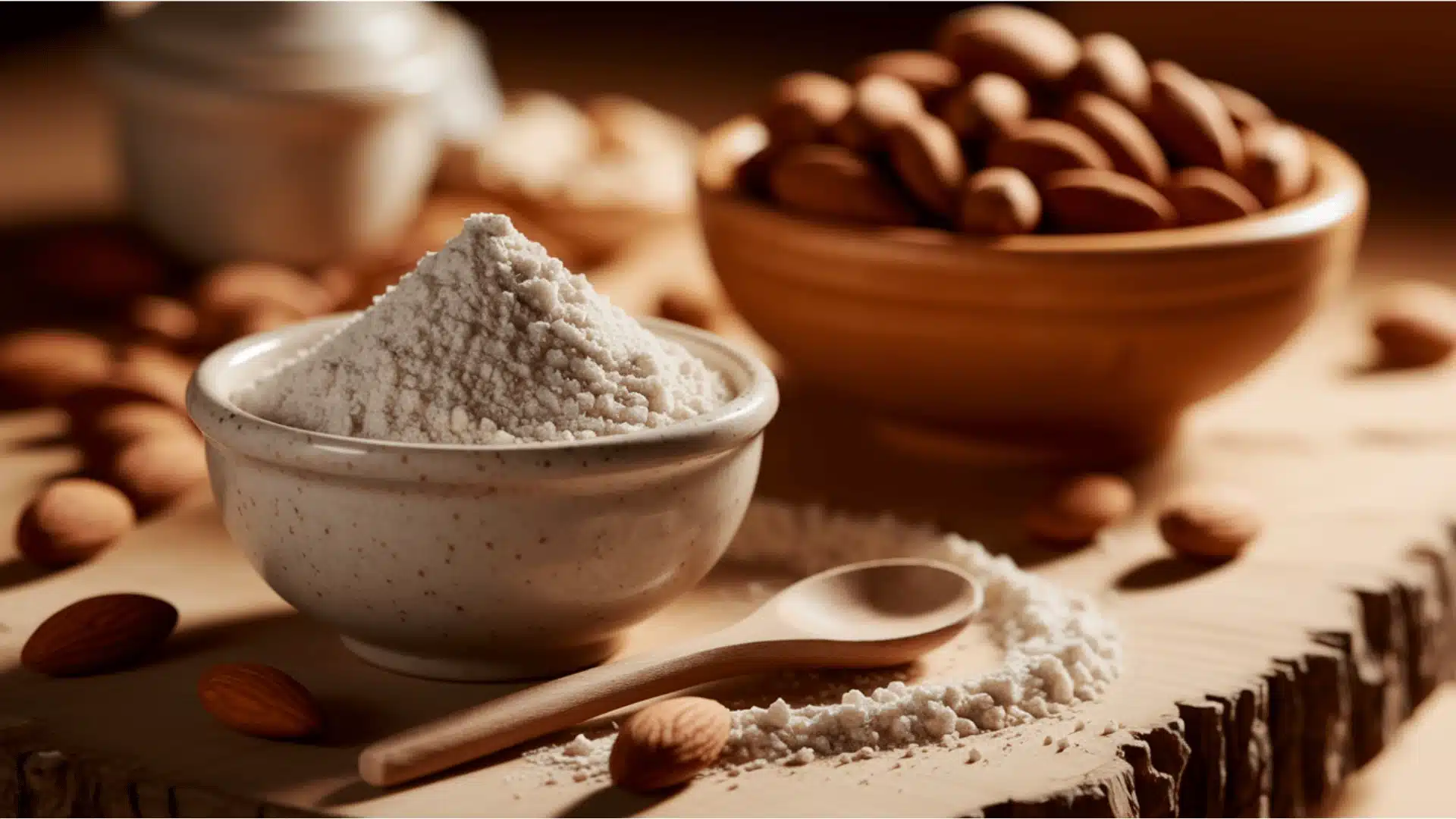 _there's a bowl filled with almond flour, with a wooden spoon resting beside itIn the background, there's another bowl filled with whole almonds