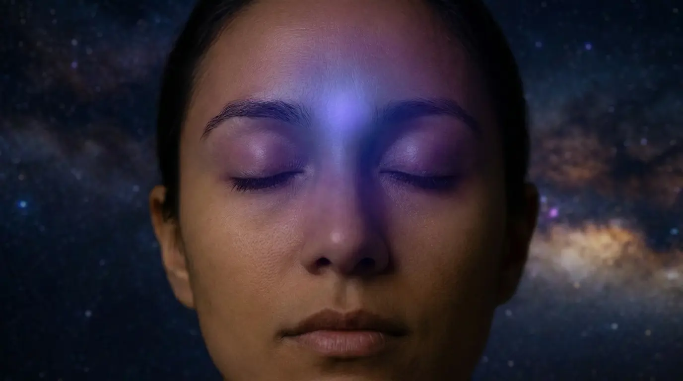third eye chakra indigo glow on forehead with cosmic background symbolizing intuition inner vision and awareness