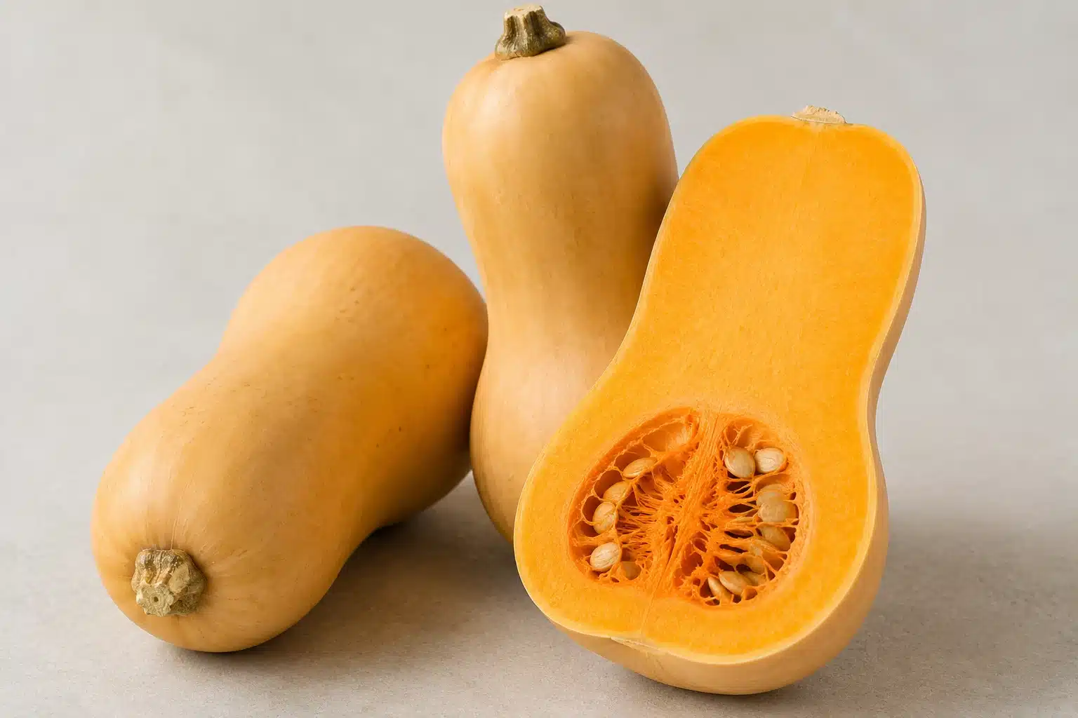 three butternut squash, one cut open showing orange flesh and seeds, arranged on neutral surface with soft lighting