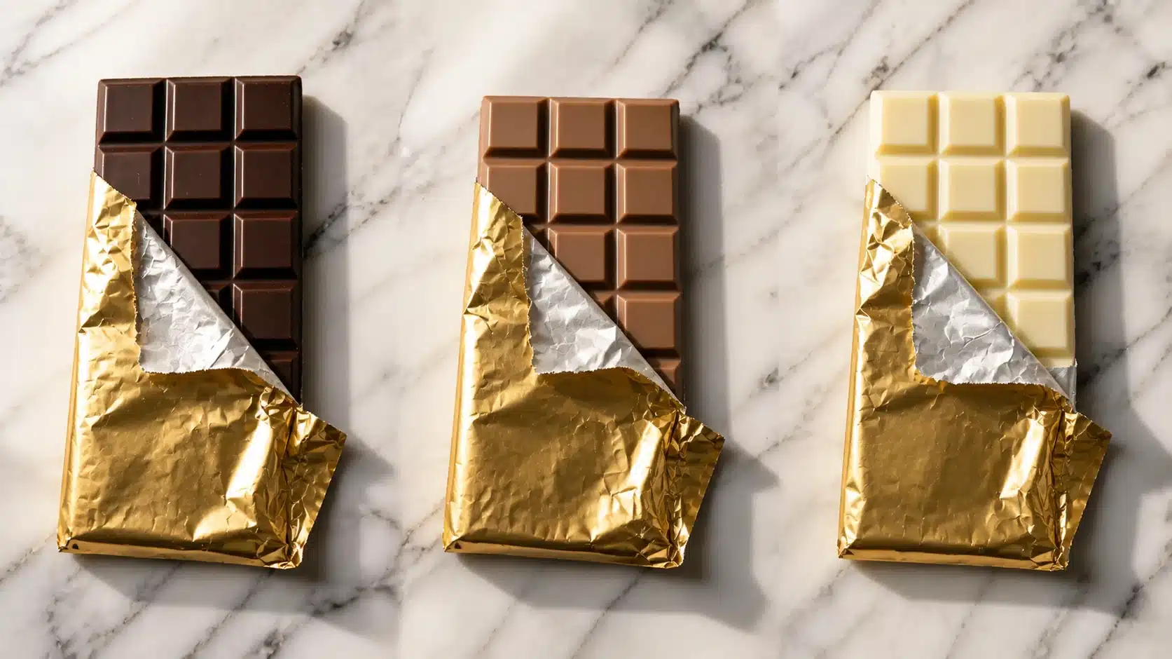 three chocolate bars dark milk white partially unwrapped in gold foil on marble surface arranged in natural lighting