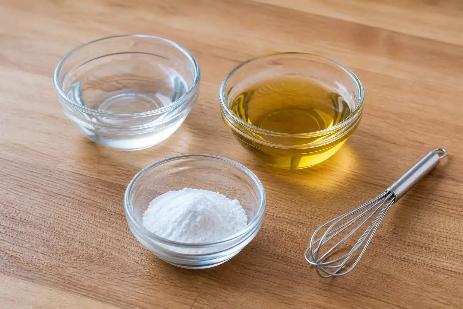 three small glass bowls with water, golden oil, and white baking powder on wooden counter, metal whisk beside