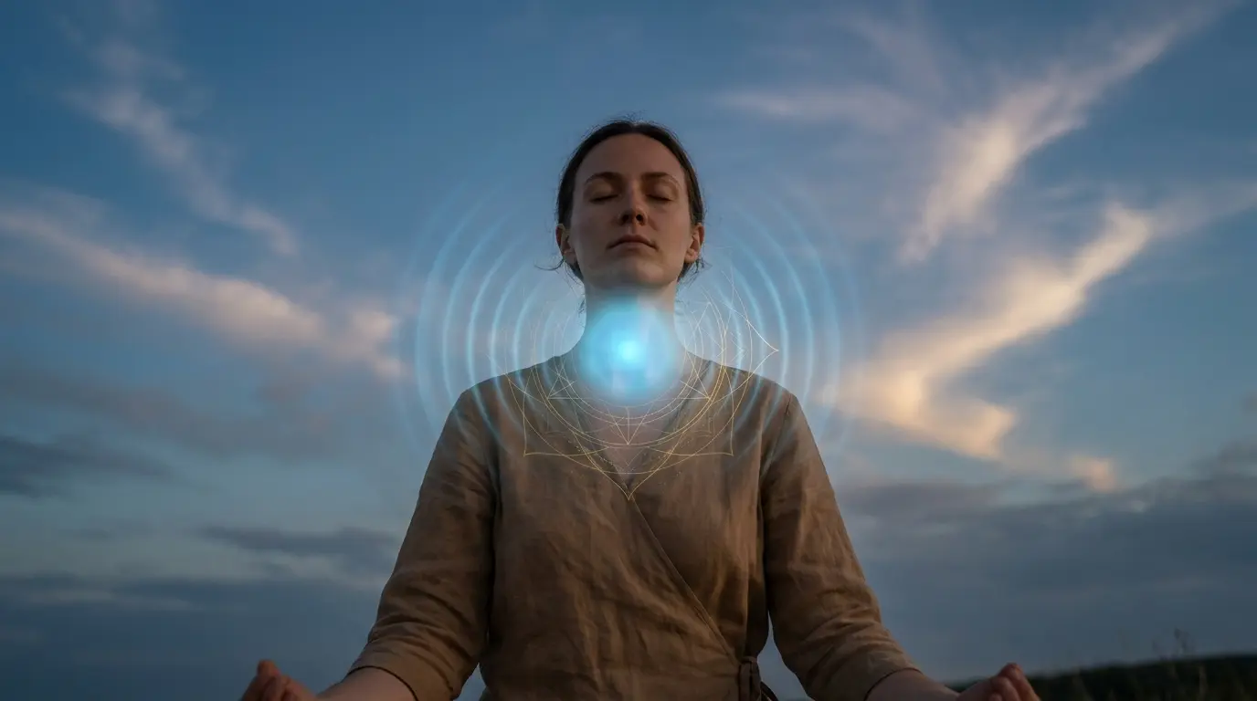 throat chakra blue glow at neck with sky and sound waves representing clear communication truth and expression energy
