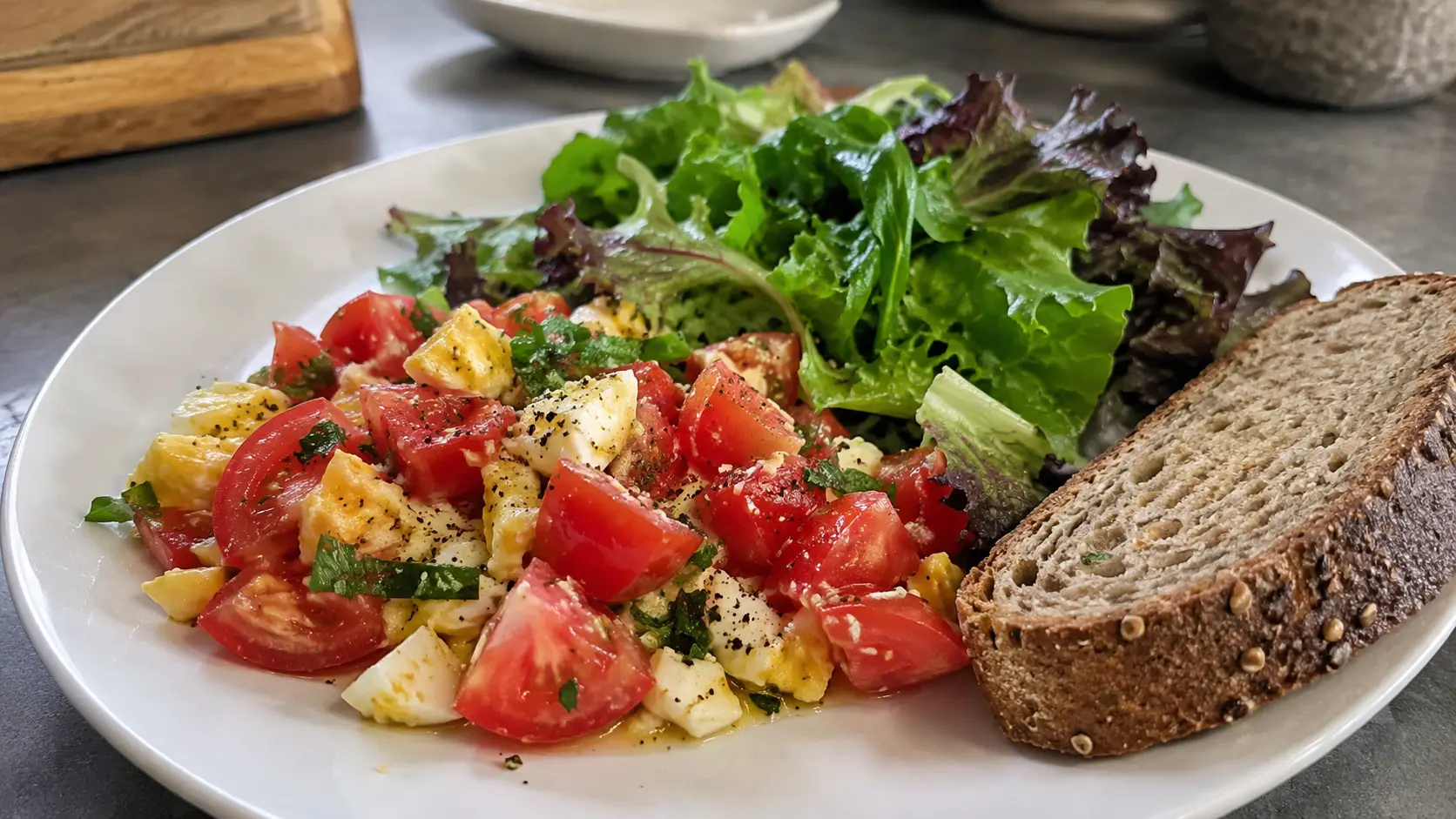 tomato egg salad with greens and bread on a plate