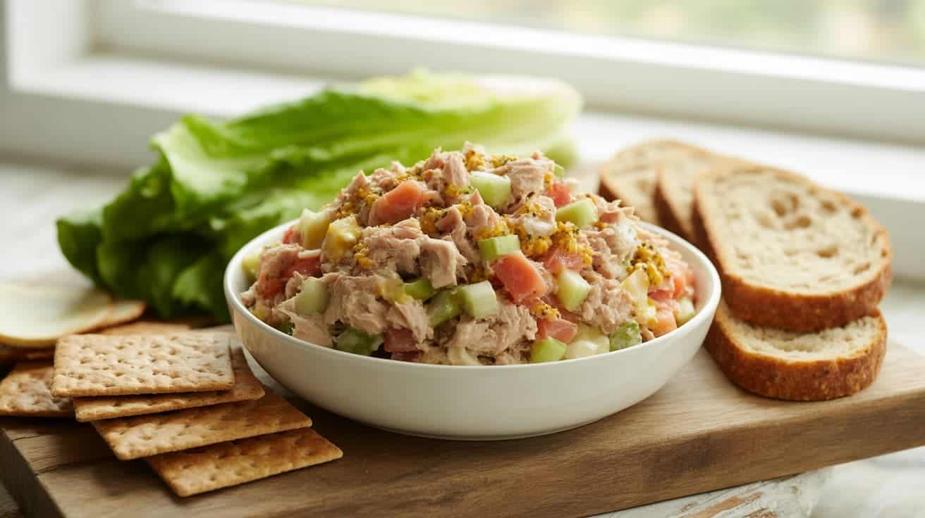 tuna salad with mayonnaise, mustard, and celery in a bowl (1)