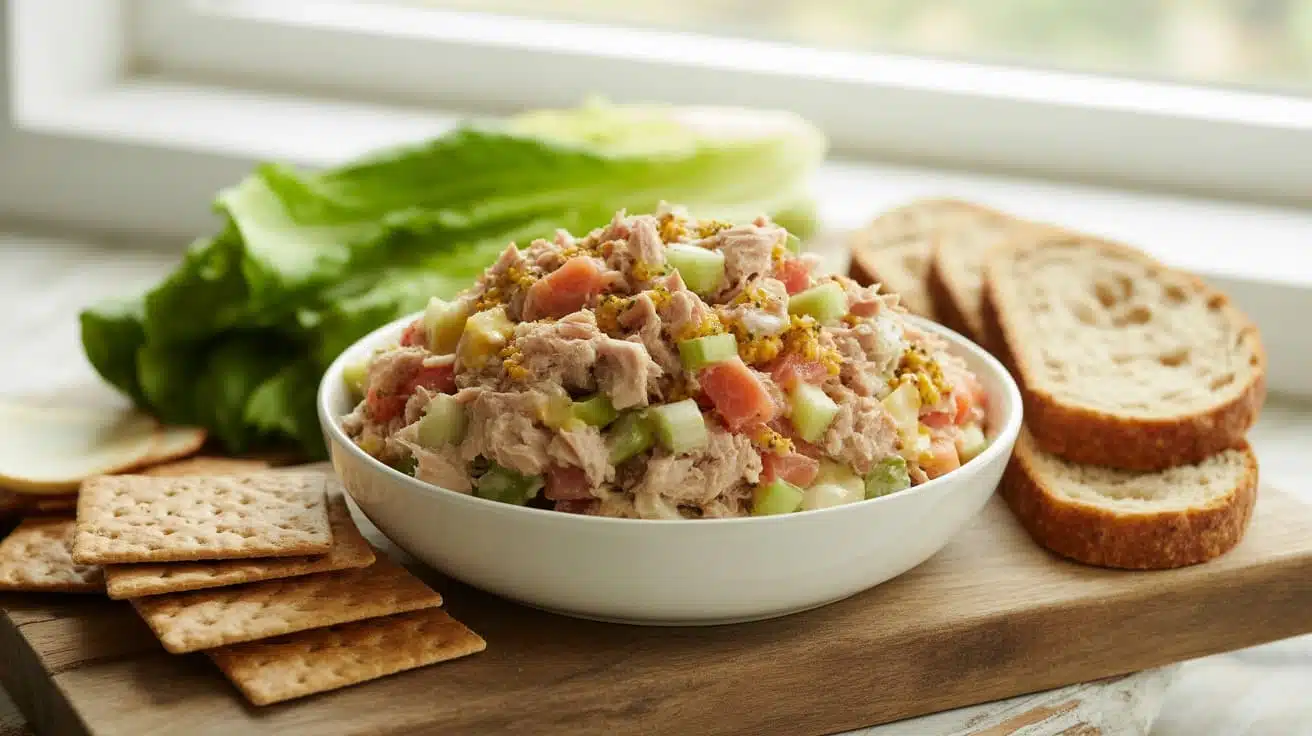 tuna salad with mayonnaise, mustard, and celery in a bowl (1)