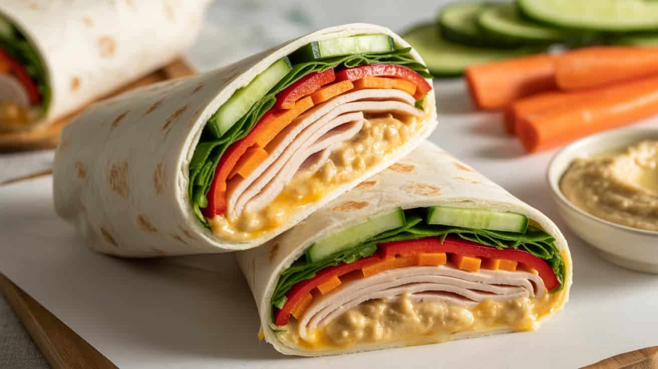 turkey and veggie wraps with hummus wrapped in parchment paper
