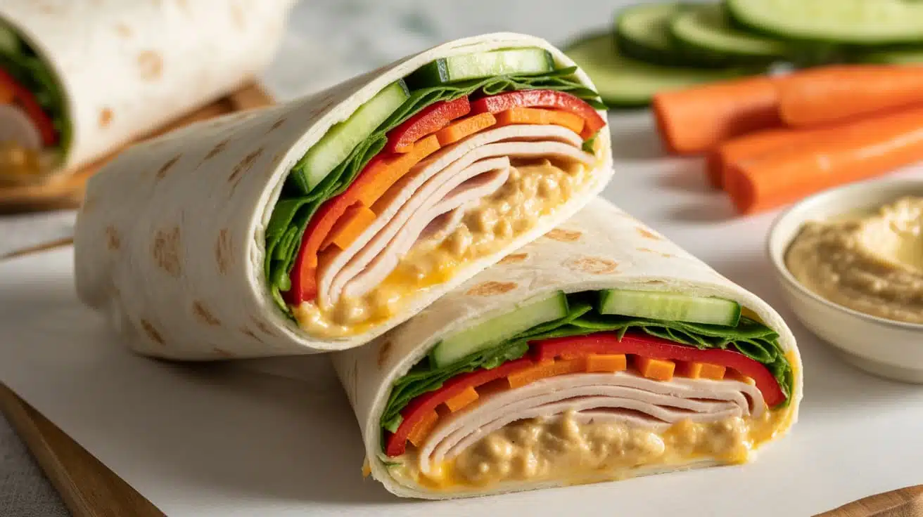 turkey and veggie wraps with hummus wrapped in parchment paper