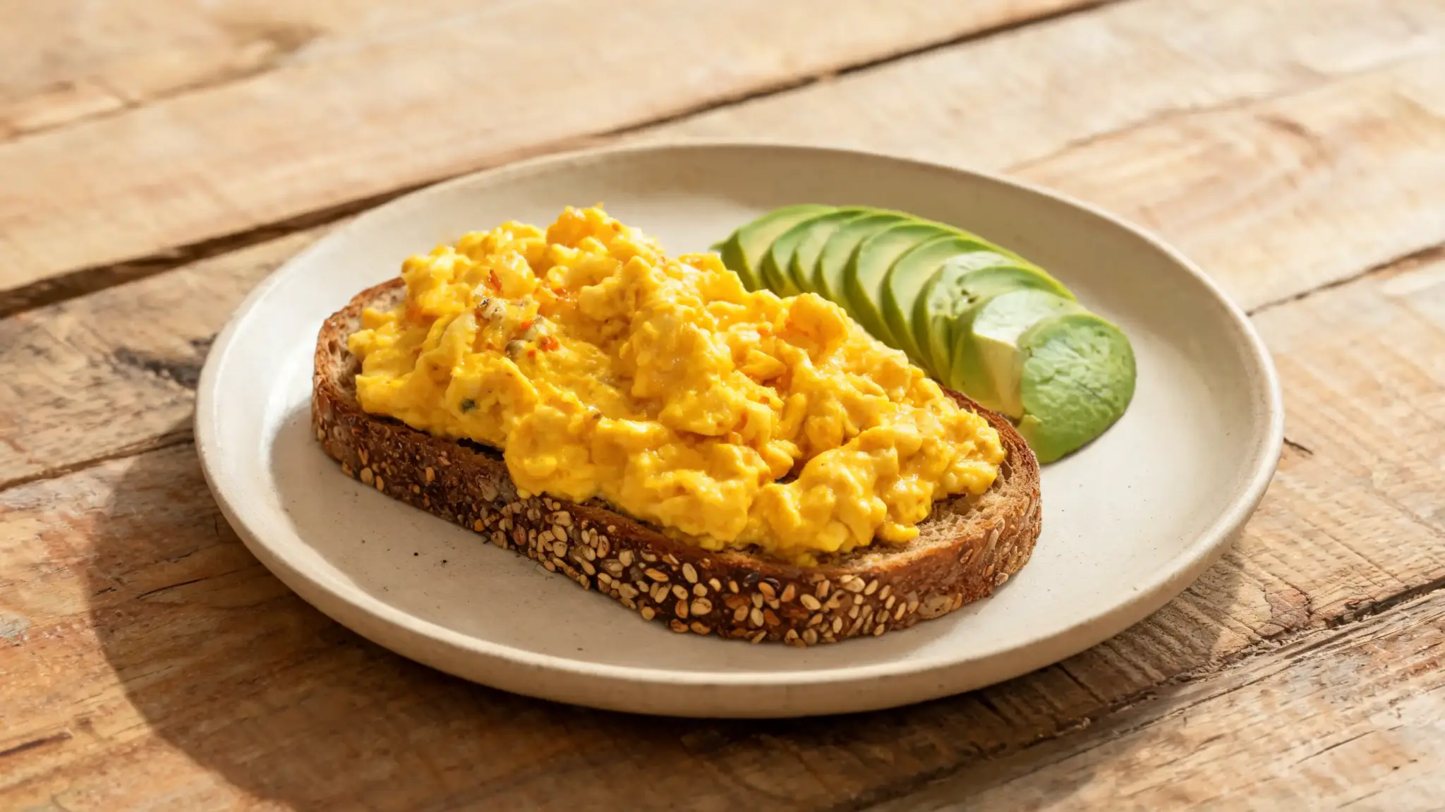turmeric scrambled eggs on whole grain toast with avocado slices on a plate