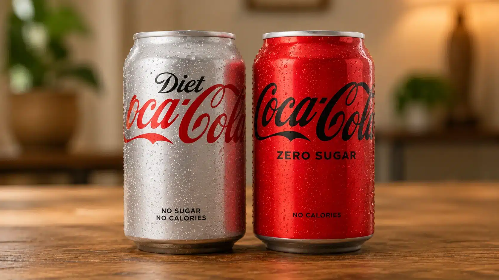 two coca cola cans diet coke and coca cola zero sugar placed side by side on wooden table with condensation