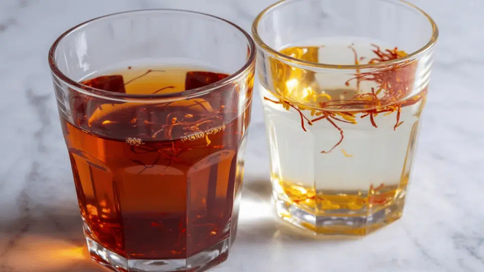 two glasses of saffron soaked in water showing the difference between real and fake saffron colour release