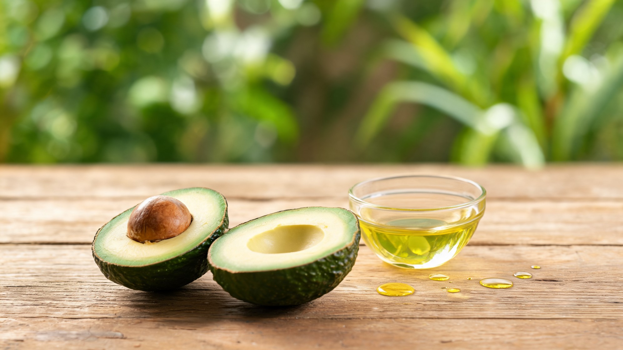 Two halves of an avocado and a small glass bowl of oil sit on a wooden table, with drops of oil nearby