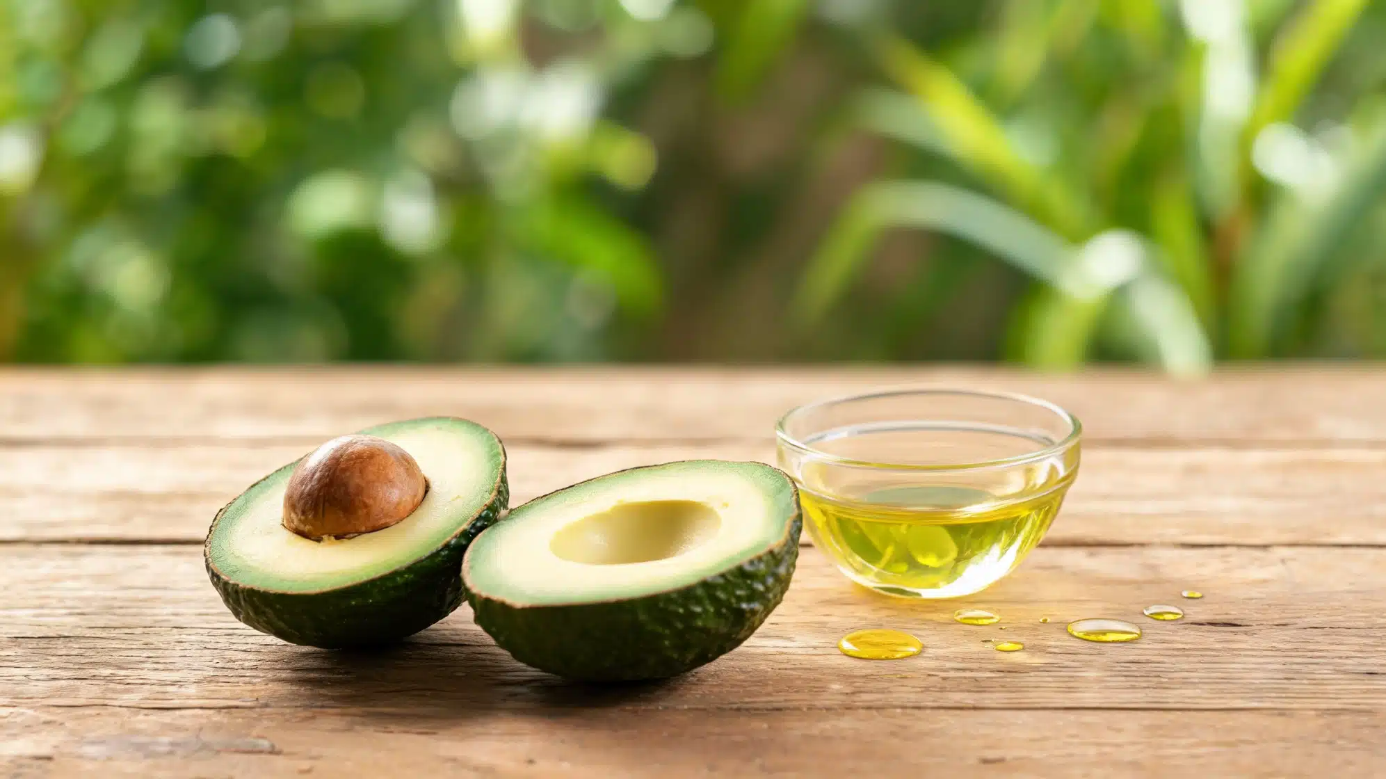 Two halves of an avocado and a small glass bowl of oil sit on a wooden table, with drops of oil nearby
