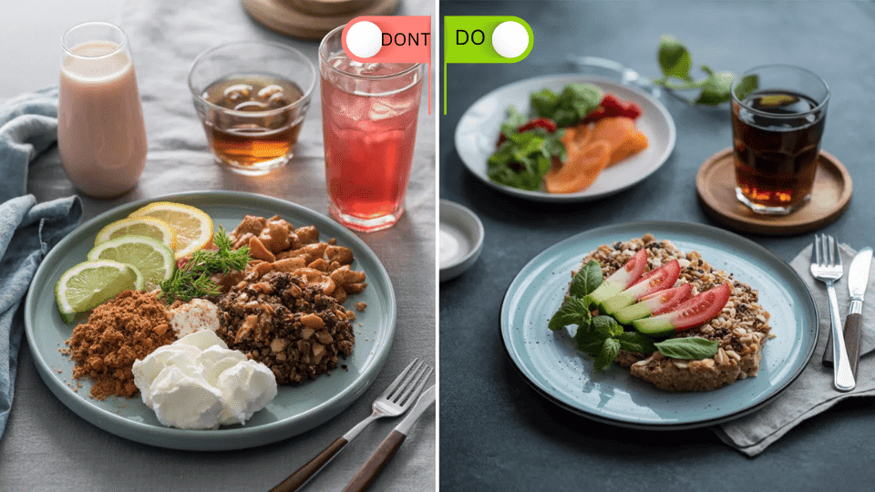 two meal plates with light healthy foods and drinks showing what to eat and avoid during fasting