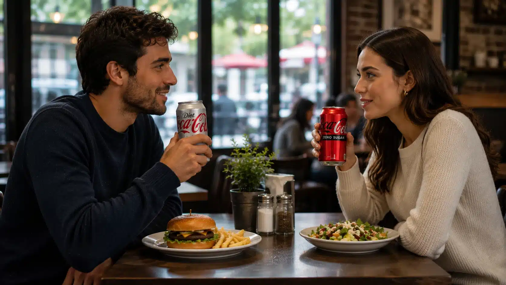 two people sitting across a restaurant table holding diet coke and coke zero cans while eating burger and salad