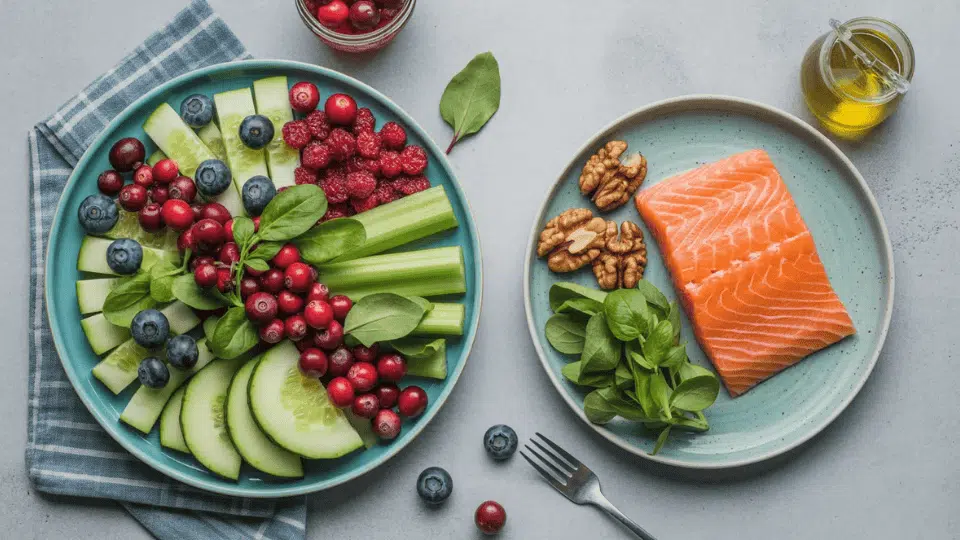 two plates showing kidney and liver friendly foods including berries celery salmon walnuts and leafy greens