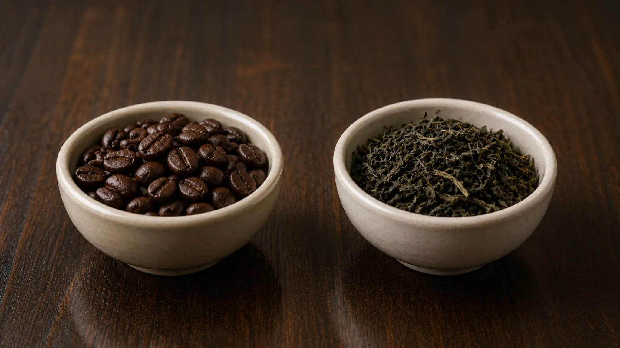 two small bowls on dark wooden table, one filled with roasted coffee beans and the other with loose dried tea leaves