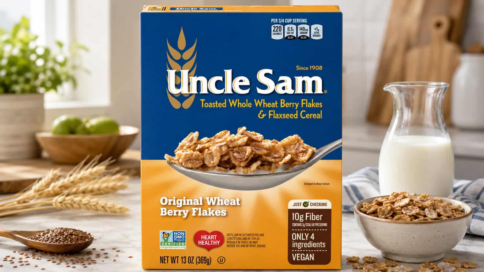 uncle sam original wheat berry flakes cereal box with milk bowl of cereal flax seeds and wheat on kitchen counter