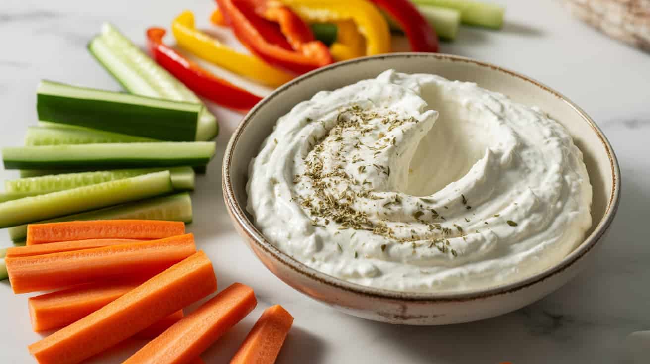 whipped cottage cheese dip with vegetable sticks in containers