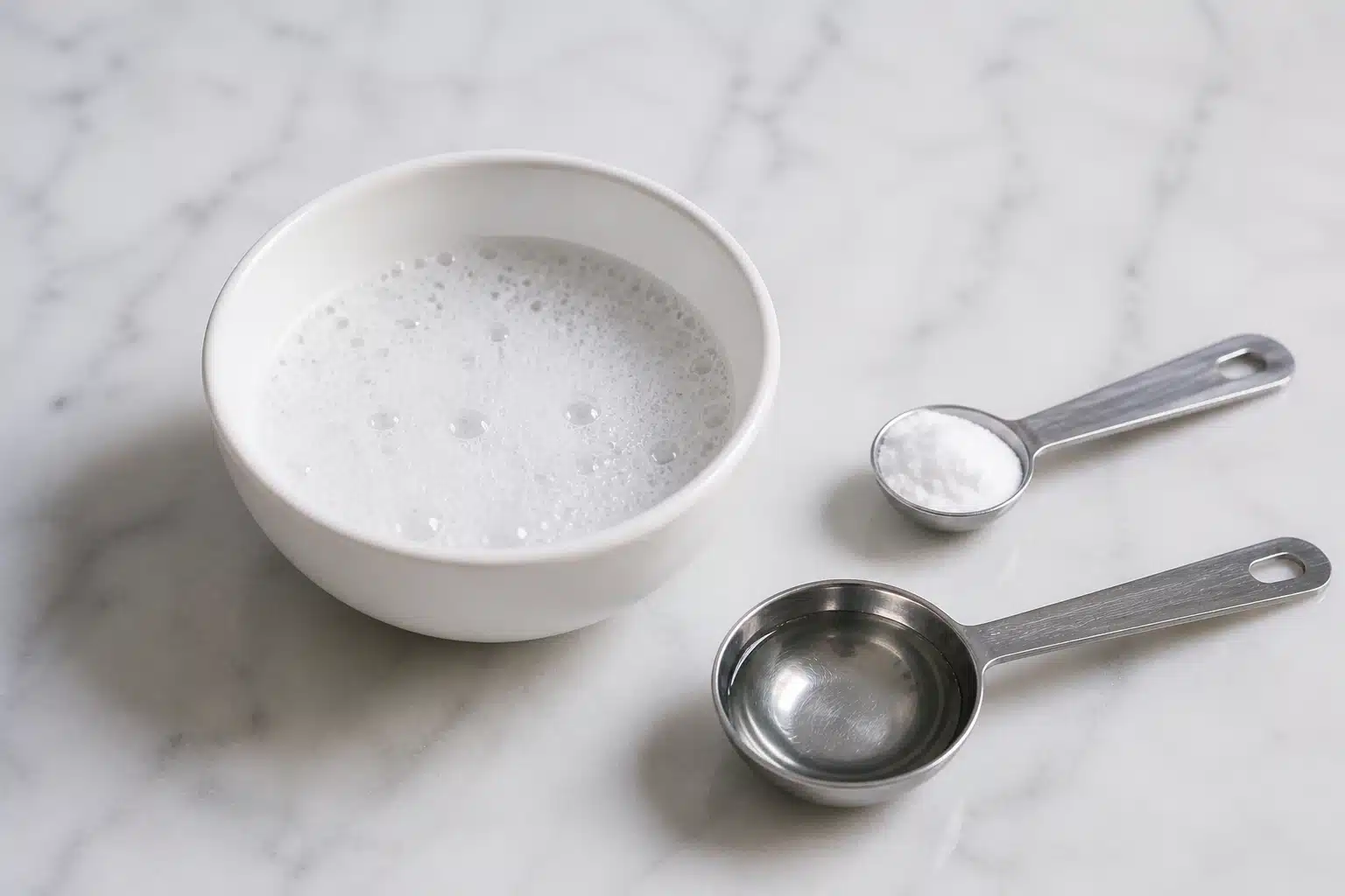 white bowl with fizzing baking soda and vinegar mixture, teaspoon of powder and tablespoon of liquid on counter